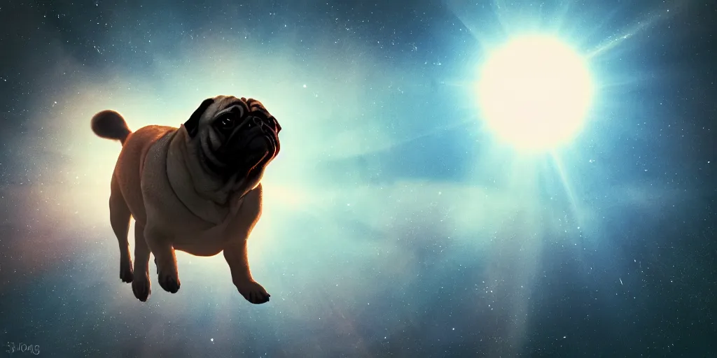 Image similar to pug orbiting the sun, still, photograph, trending on artstation, dynamic lighting, cinematic, highly detailed, sharp focus, space, universe, stars