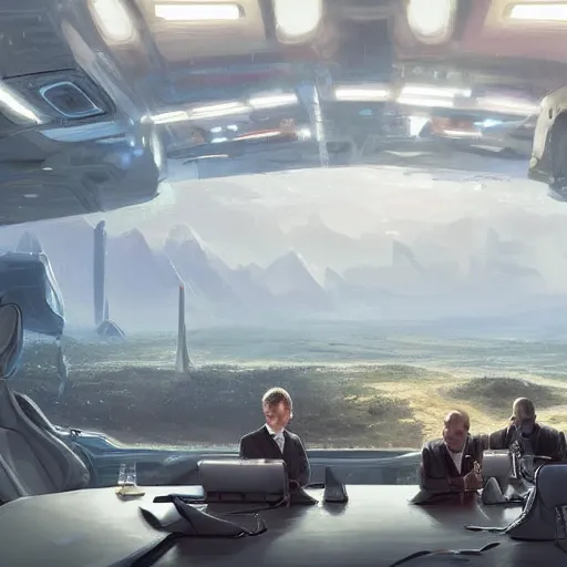 Prompt: scene of elon musk, mark zuckerberg, jeff bezos, in meeting together, very detailed, art contest winner on behance, trendy on deviant art, by artgem, greg rutkowski