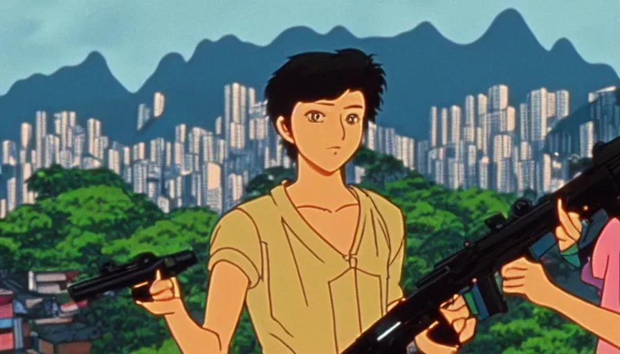 Image similar to 1 9 8 6 movie screencap of a couple with a gun on a rio de janeiro, gucci clothes, studio ghibli sky, beautiful favela background extremely utra high quality artwork 8 k