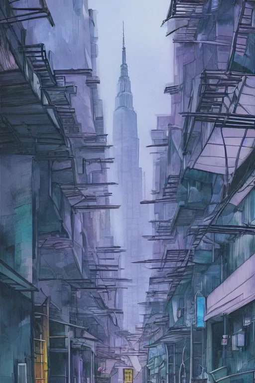 Image similar to backlane alley with kuala lumpur twin towers in the background, evening, studio ghibli, artstation