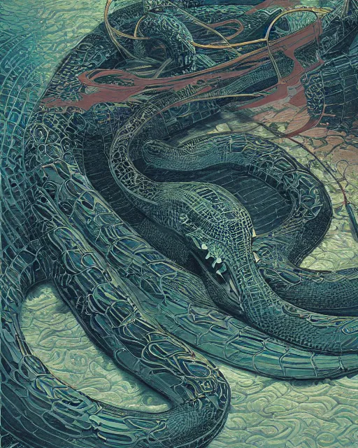 Image similar to a water serpent, digital art, illustrated by james gurney and victo ngai