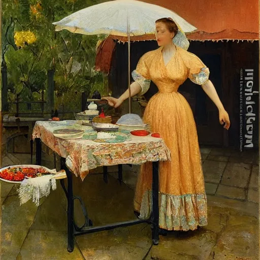 Image similar to a gorgeous housewife putting dishes on a table in the backyard, the table has a parasol, rainy scene, 1 9 5 0's, medium symmetry, by ilya repin, extreme detail, 8 k, intricate abstract, photorealistic