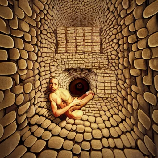 Prompt: man living inside a bread seen from outside, hyper detailed,