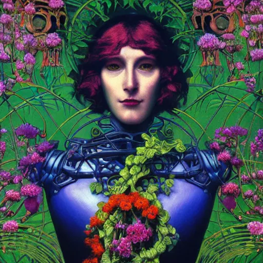 Prompt: A colorful, detailed print - A portrait of a robot composed entirely of flowers and vines. by Arnold Bocklin and Barclay Shaw, masterful print. 4k, unreal engine stunning Art Nouveau