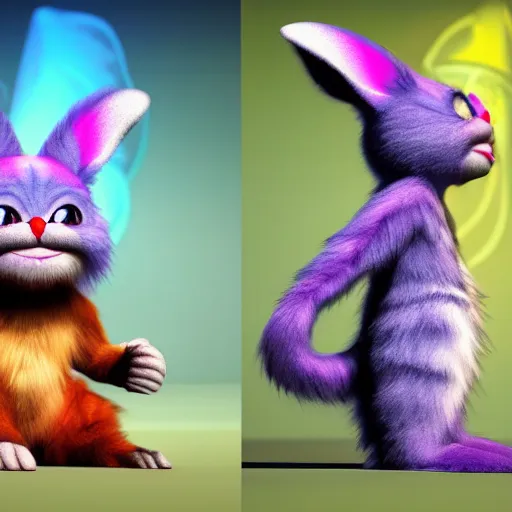 Prompt: cute colorful fuzzy furry alien monsters with big eyes and big ears, long detailed striped fur with gradient colors, detailed high quality 3 d render unreal engine in the style of maurice sendak, 4 k