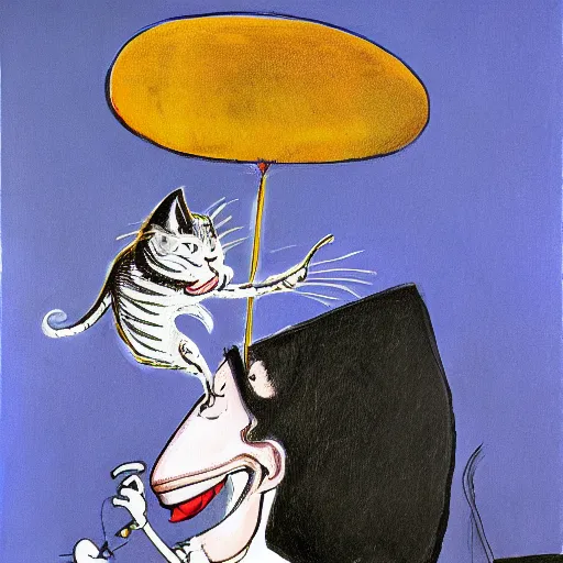 Image similar to a detailed painting of a man with a cat on his back by gerald scarfe and ralph steadman and pixar