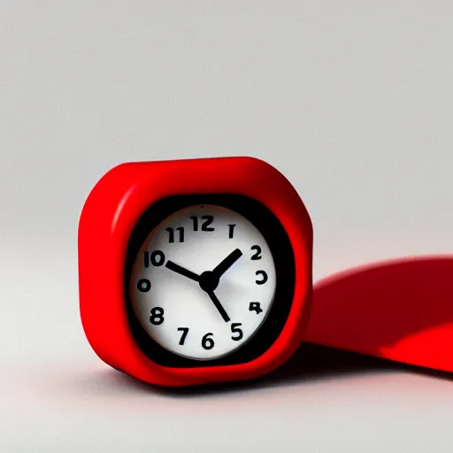 Image similar to Very tiny red alarm clock that looks like the iOS emoji and has the same colors, 3D clay render, 4k UHD, white background, isometric top down left view, diffuse lighting, zoomed out very far