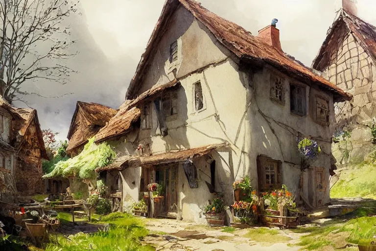 Prompt: watercolor painting of rural rustic fortess village street, medieval straw roof, scandinavian mythology, ambient lighting, art by hans dahl, by jesper ejsing, art by anders zorn, wonderful masterpiece by greg rutkowski, cinematic light, american romanticism by greg manchess, creation by tyler edlin
