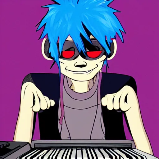 Image similar to 2 d gorillaz playing a keyboard, messy blue hair, portrait, gorillaz style, jamie hewlett, digital art