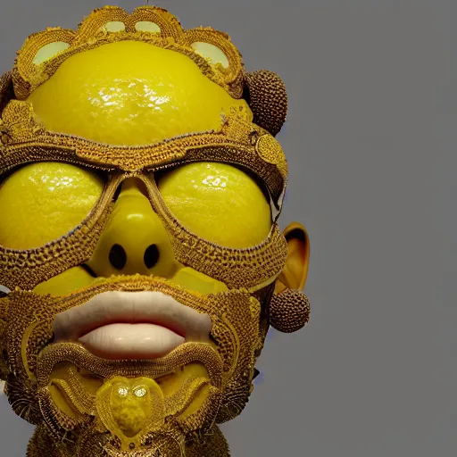 Image similar to man made out of lemon skin, head is exploding into jam : ornate, dynamic, particulate, intricate, elegant, highly detailed, centered, artstation, smooth, sharp focus, octane render