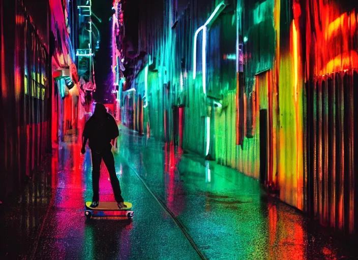 Prompt: a person with long, flowing hair skateboards through an empty neon philadelphia in the rain, colored gel lighting, reflective surfaces, midnight, portra, film grain, reminiscent of blade runner, dynamic