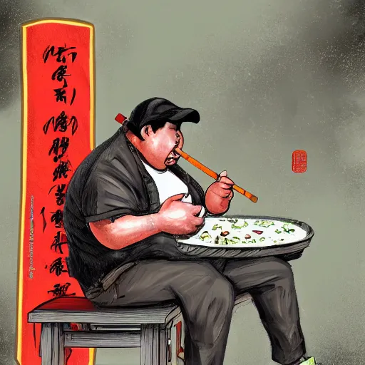 Image similar to near the street, a pockmarked Chinese fat guy,sitting behind a watermelon stall , with a cigarette in his mouth, looked at you contemptuously,digital art,trending on artstation.