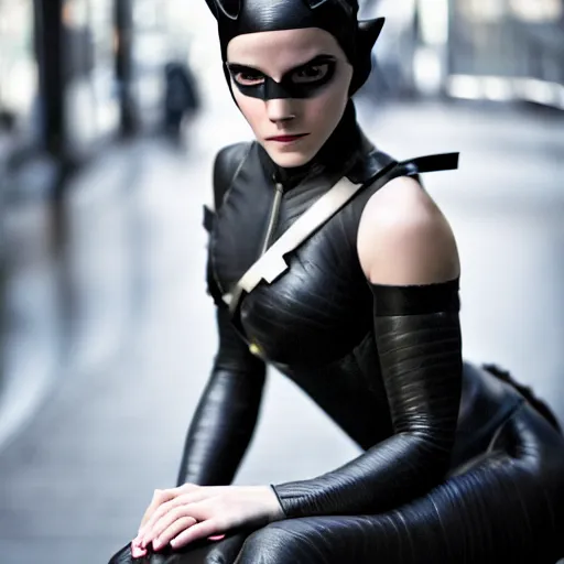 Prompt: Emma Watson as Catwoman, XF IQ4, f/1.4, ISO 200, 1/160s, Sense of Depth, AI enhanced, HDR, in-frame