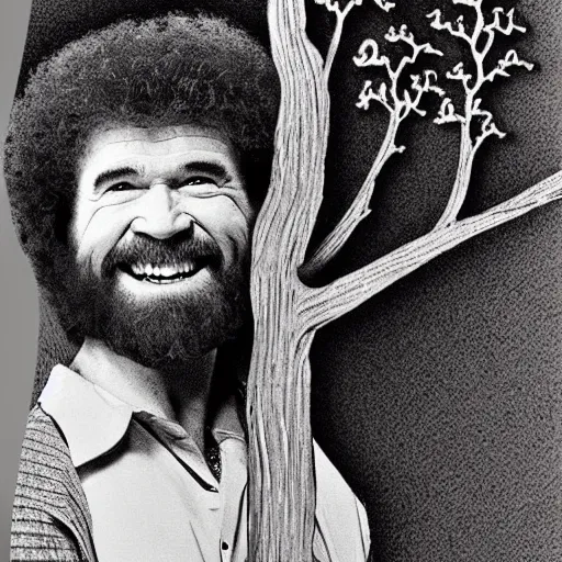 Image similar to screaming bob ross in shape of a tree