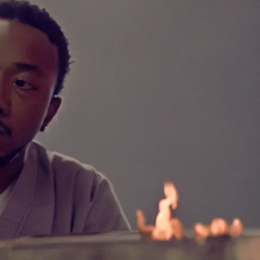 Image similar to cinematic film still of Kendrick Lamar starring as a Japanese Sensei with fire, Japanese CGI, VFX, 2003, 40mm lens, shallow depth of field, film photography