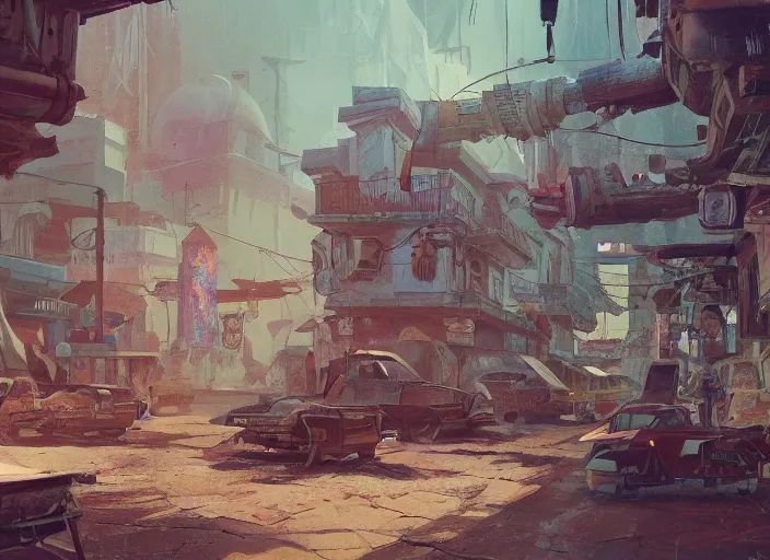 Prompt: painting of of a post apocalyptic futuristic small mexican town cobbled kiosko central town square, studio ghibly and pixar, blade runner 2 0 4 9, san miguel de allende, hanging dia de muertos paper decorations, futuristic colonial city architecture, concept art by atey ghailan, artstation contest winner, concept art, artstation hq, 2 d game art