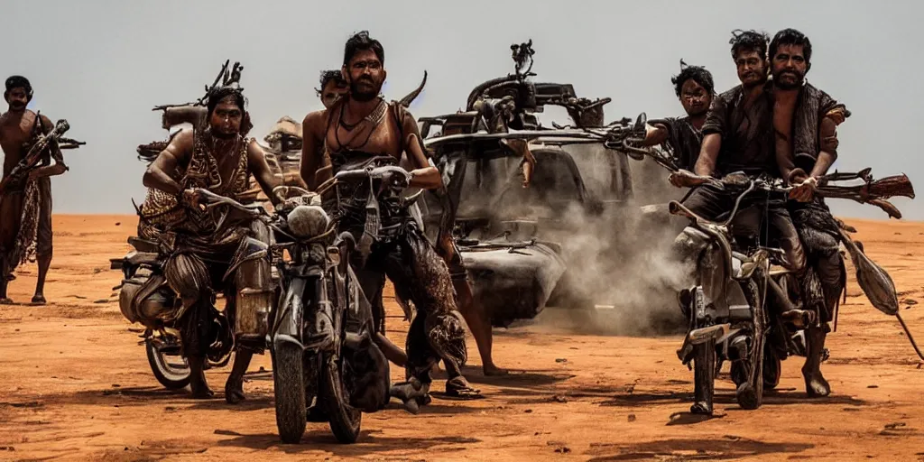 Image similar to sri lankan mad max style, film still, epic shot cinematography, rule of thirds