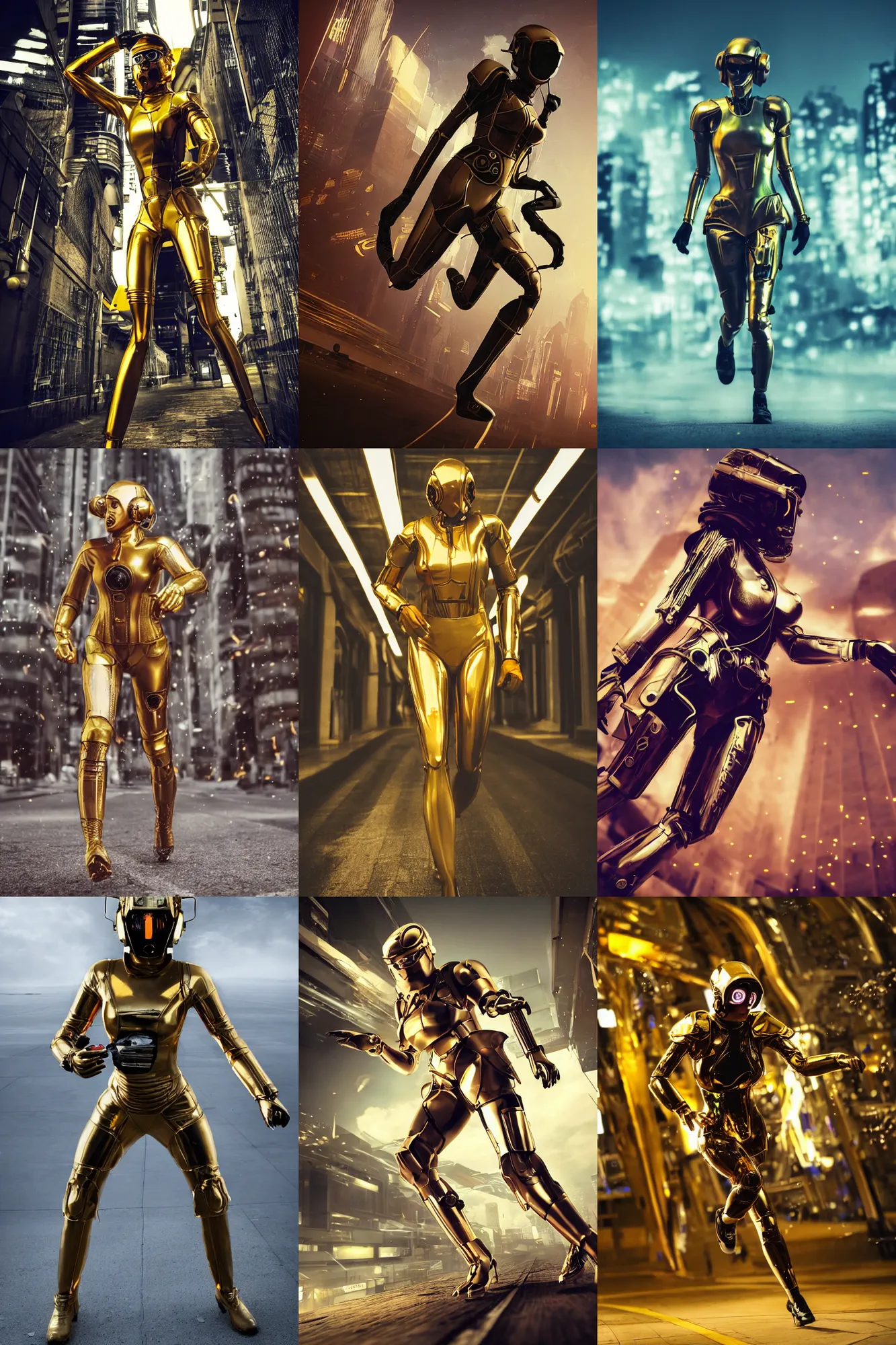 Prompt: beautiful photo of a golden armor pilot Art Deco cyberpunk woman running towards the camera