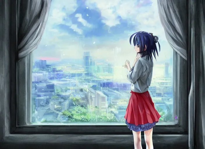 Image similar to anime girl in skirt looking out the window at megopolois and sunset, dynamic composition, motion, ultra-detailed, incredibly detailed, a lot of details, amazing fine details and brush strokes, colorful and grayish palette, smooth, HD semirealistic anime CG concept art digital painting, watercolor oil painting of Clean and detailed post-cyberpunk sci-fi close-up schoolgirl in asian city in style of cytus and deemo, blue flame, relaxing, calm and mysterious vibes,, by a Chinese artist at ArtStation, by Huang Guangjian, Fenghua Zhong, Ruan Jia, Xin Jin and Wei Chang. Realistic artwork of a Chinese videogame, gradients, gentle an harmonic grayish colors. set in half-life 2, Matrix, GITS, Blade Runner, Neotokyo Source, Syndicate(2012), dynamic composition, beautiful with eerie vibes, very inspirational, very stylish, with gradients, surrealistic, dystopia, postapocalyptic vibes, depth of field, mist, rich cinematic atmosphere, perfect digital art, mystical journey in strange world