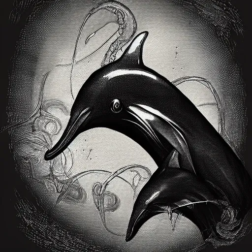 Prompt: a cruel and mind destroying lovecraftian dolphin, concept art, cinematic, tones of black