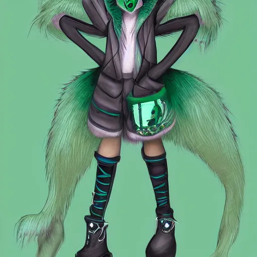 Image similar to Beautiful digital painting of an anthro anthropomorphic pastel-green wolf, Punk outfit. cute