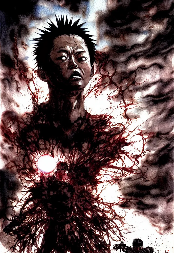 Image similar to tetsuo from akira, silhouetted by a dead sun, detailed elaborate watercolor and ink illustration | anime, matte painting, dystopian megacity neo - tokyo, akira, shaded perfect, fine details. realistic shaded lighting anime manga artwork by katsuhiro otomo, artgerm, jeremy lipkin and michael garmash and rob rey