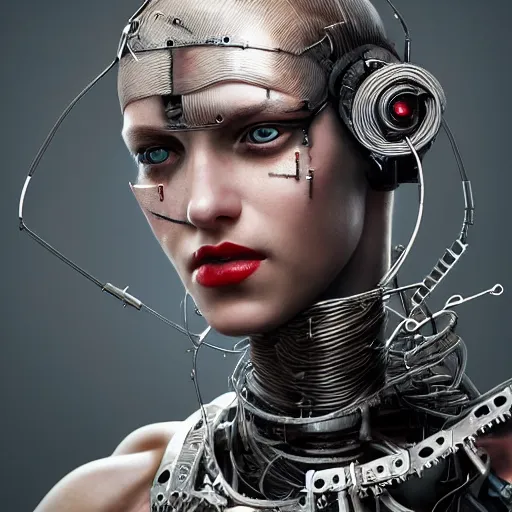 Image similar to A professional portrait of a young cyborg woman made of metal parts, gears, wires as hair, red eyes, lipstick, narrow waist, symmetrical face features, elegant, finely detailed, concept art, in style of Greg Rutkowski,