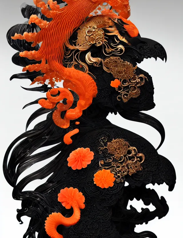 Image similar to 3 d goddess close - up profile portrait biomechanics with ram skull. beautiful intricately detailed japanese crow kitsune mask and clasical japanese kimono. betta fish, jellyfish phoenix, bio luminescent, plasma, ice, water, wind, creature, artwork by tooth wu and wlop and beeple and greg rutkowski. gold black teal and orange color scheme