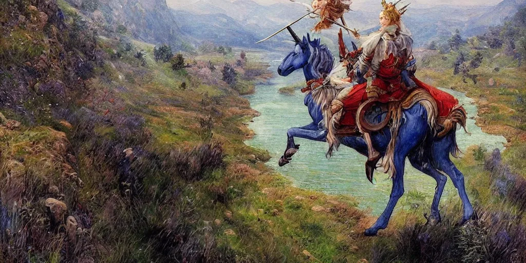 Image similar to full body blued-steel fairy riding a unicorn in pacing through hills, crossing the river, mountain valley to fortress, fine art, artstation, digital art, masterpiece by vasnetsov and surikov