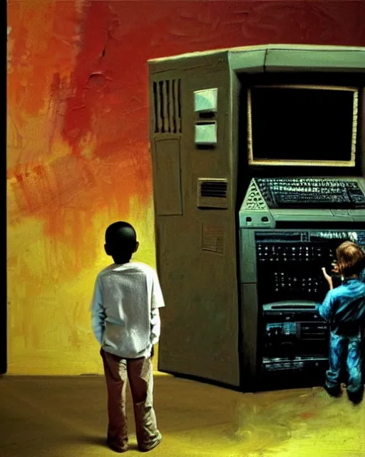 Image similar to an 8 years old enlightened and scared boy standing in front of an old computer from 90s with a game doom2 at the monitor screen. painting by Adrian Ghenie and Willem de Kooning and Cy Twombly, still from a movie by Gaspar Noe and James Cameron