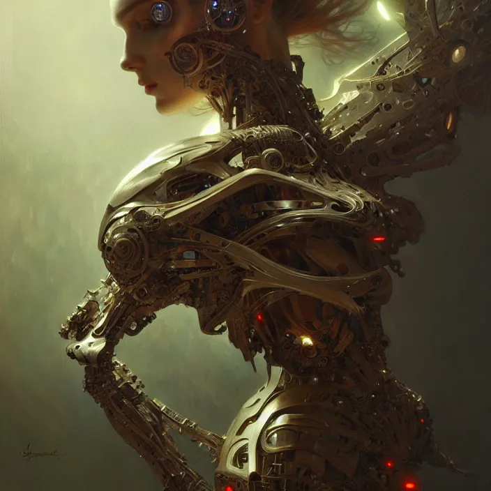 Prompt: organic cyborg, diffuse lighting, fantasy, intricate, elegant, highly detailed, lifelike, photorealistic, digital painting, artstation, illustration, concept art, smooth, sharp focus, art by John Collier and Albert Aublet and Krenz Cushart and Artem Demura and Alphonse Mucha