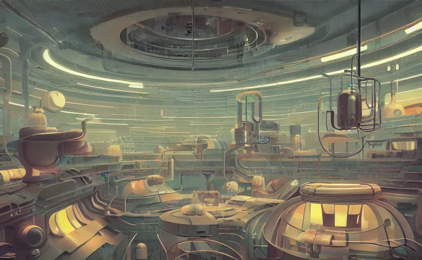 Image similar to Interior shot of a futuristic factory by Petros Afshar and Beeple, James Gilleard, Mark Ryden, Wolfgang Lettl highly detailed