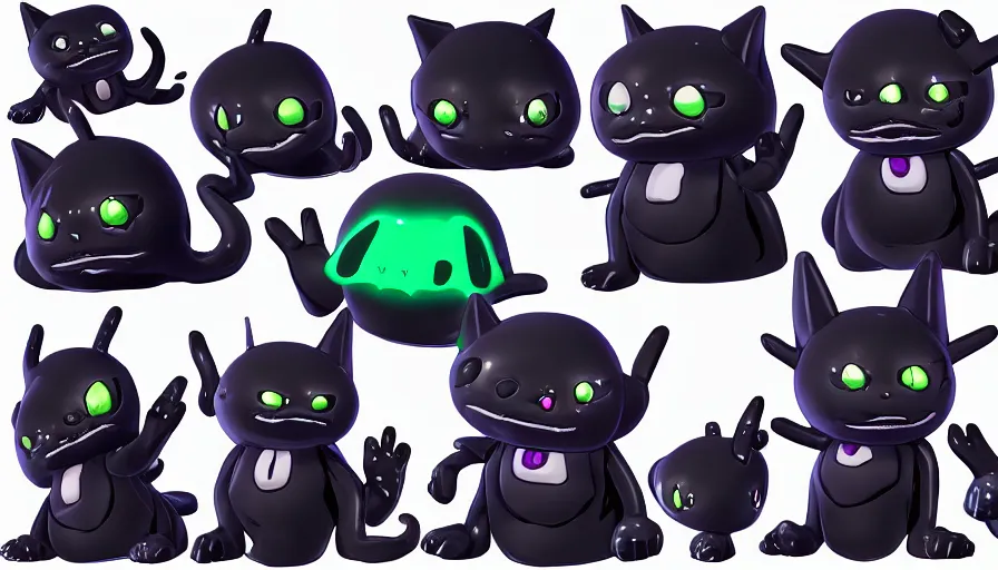 Image similar to a digital art portrait of black slime cat character design from five nights at freddy, cute liquid ink cat character sheet, 4 k, ultra detail, volumetric lighting, unreal engine, octane render