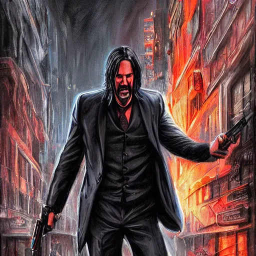 Image similar to an angry john wick in a shootout with a giger alien in the city streets, raymond swanland and magali villeneuve detailed digital painting