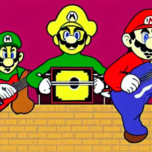 Image similar to Mario Bros playing the guitar with the Beatles Band