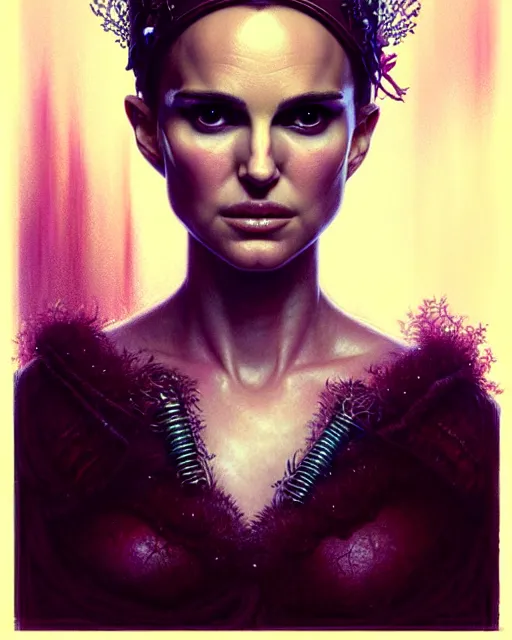 Image similar to a portrait of natalie portman fantasy character portrait, ultra realistic, cinematic, concept art, wide angle, intricate details, hologram, highly detailed by greg rutkowski, aaron horkey, gaston bussiere, craig mullins, simon bisley, arthur rackham