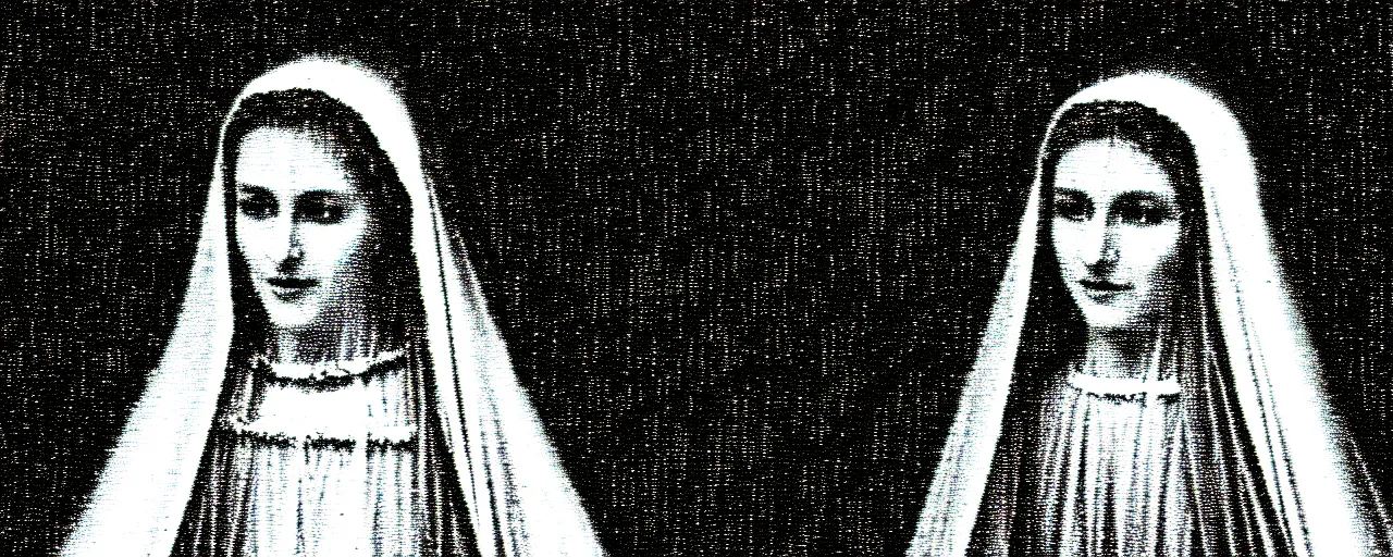 Image similar to vhs static overlay of marian apparition, vhs, 1 9 9 0, highly realistic, highly detailed, vhs noise static, black and white, vhs glitch