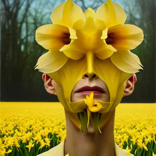 Image similar to medium shot, tilda swinton face fused with daffodil, head covered with leaves, inside the flower, daffodils field, highly detailed, shallow depth, bokeh, codachrome, polaroid, unreal engine, 3 d art, digital art, painting by greg rutkowski