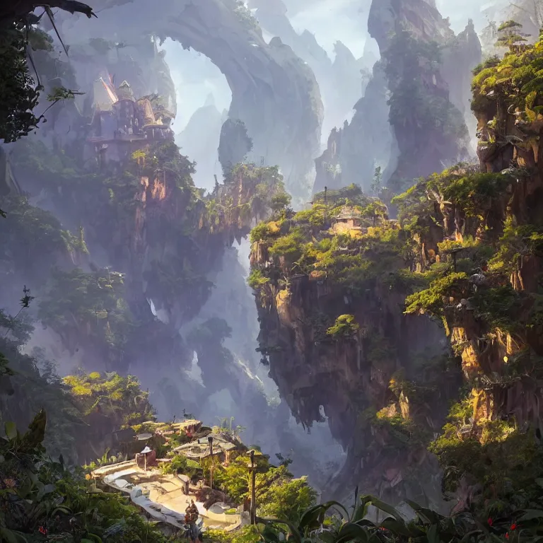 Image similar to secret overwatch headquarters carved inside a mountain surrounding a lush garden, trimmed, magical, natural light, fantasy, architecture, sharp focus, concept art, by greg rutkowski and craig mullins, atmospheric, octane render