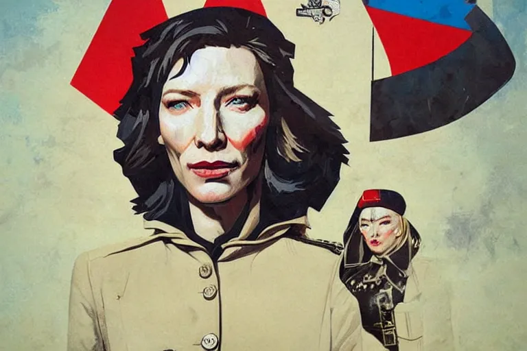 Image similar to cate blanchett as a sad female soviet soldier, art by Sandra Chevrier