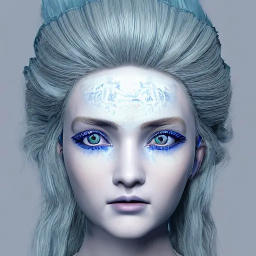 Image similar to 3 d render, hyper detailed, realistic female face and shoulders as a painted porcelain statue, with ornate blue willow pattern, white hair, fine facial features, white eyes and eyelashes, 8 k, 1 5 0 ml lens, elegant, white background, octane render, volumetric lighting, by carlos ortega elizalde and yomagick