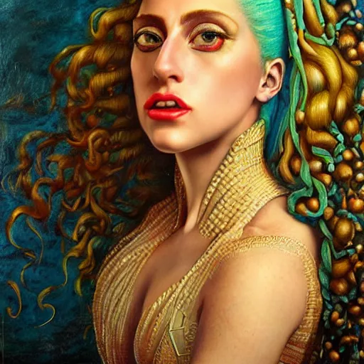 Image similar to photo realistic, hyper realism, lady gaga artpop act ii album, intricate detail, hyper detail, gaston bussiere, sandro botticelli style, with neon aqua rapunzel dreadlocks, detailed, masterpiece, sharp focus,