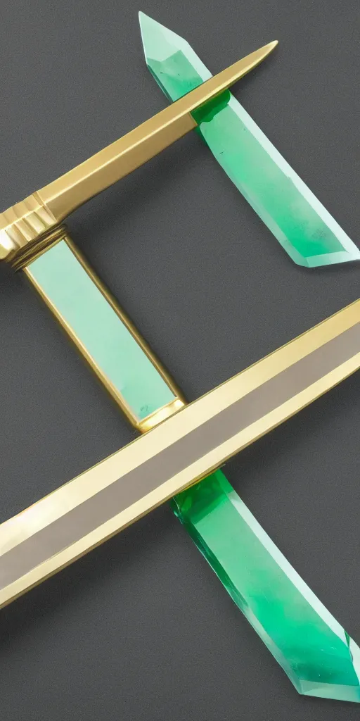 Image similar to photograph of a wide green and teal crystal sword blade attached to a big gold sword hilt