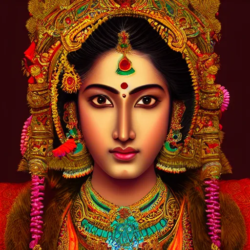 Image similar to a portrait of a kumari goddess, highly detailed, cinematic lighting, hyperrealistic, 4 k, digital art