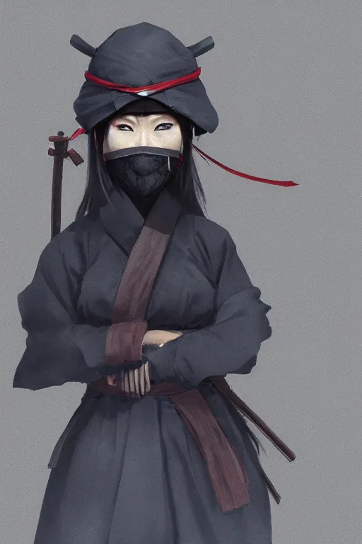 Prompt: native japanese woman dressed like shinobi ninja, rich drapery, hat, focused stare, partially masked, highly detailed, photobash, photorealistic render, trending on artstation, character design, blue background, cinematic lighting, sengoku period