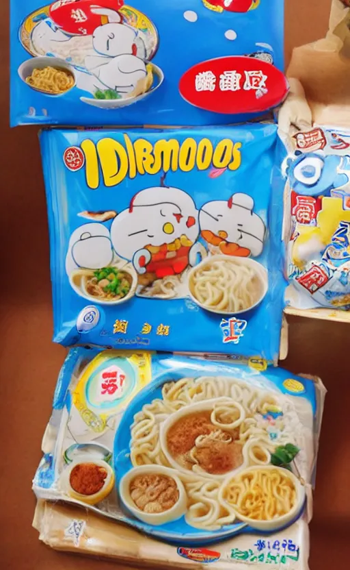 Prompt: White elephants eat instant noodles, Doraemon style.