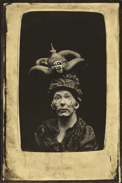 Prompt: a wet plate photo of a boa constrictor wearing a tiny jester hat