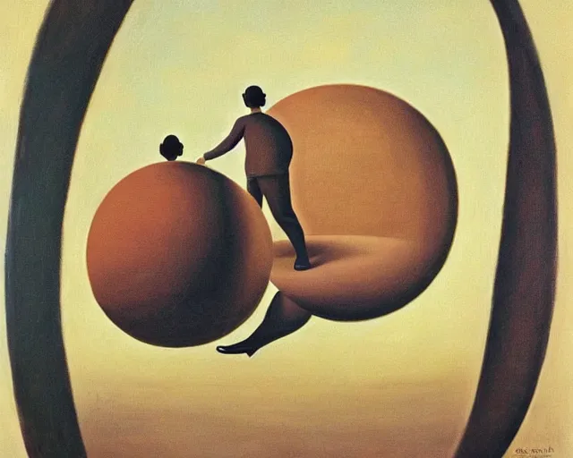 Prompt: a painting of two people in a large ball, a surrealist painting by Grant Wood, pinterest, pop surrealism, henry moore, surrealist, pre-raphaelite