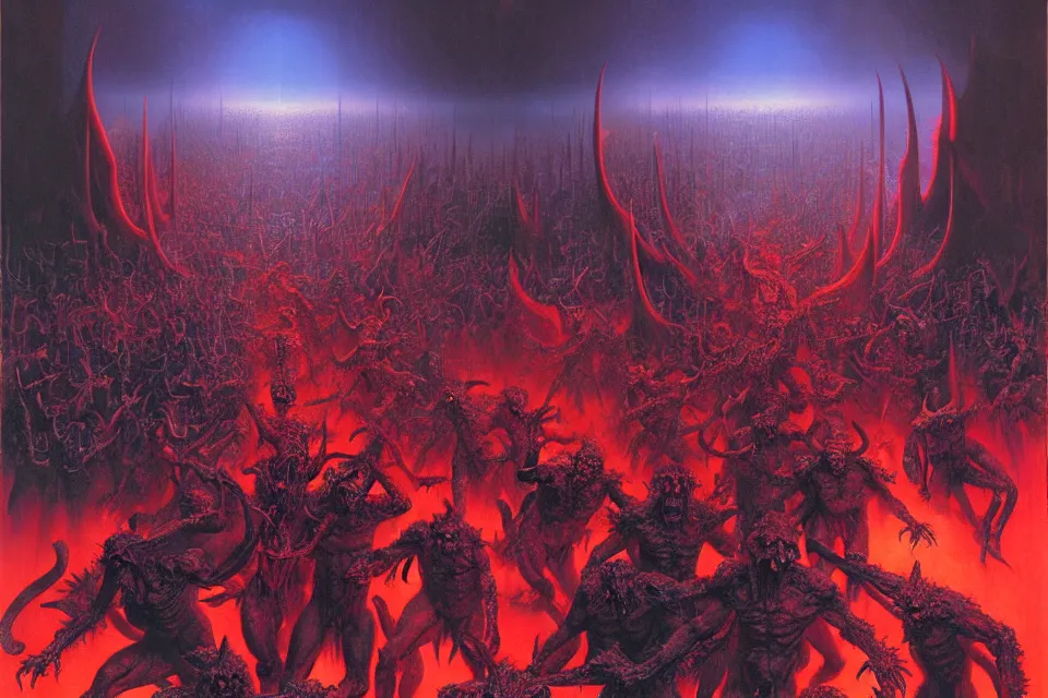 Prompt: satans fall from paradise into hell by mark riddict, james ryman, wayne barlowe.