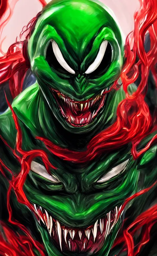 Image similar to portrait of venom as the green goblin, black and red, dynamic lighting, cinematic, ultra detailed, trending on art station, stunning visuals, creative, fantasy concept art